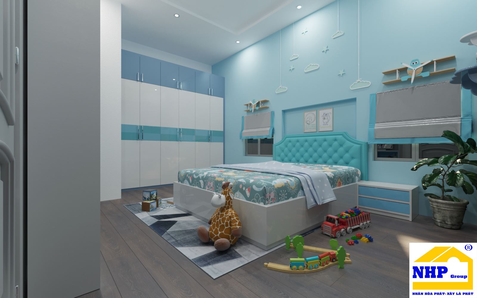 Phòng ngủ baby màu xanh tươi mát sang trọng